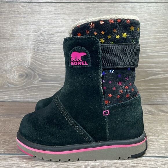 Sorel Rylee Waterproof Black Suede Warm Lined Pink Stars Toddler Girl Sz 8 Boots - Picture 3 of 13